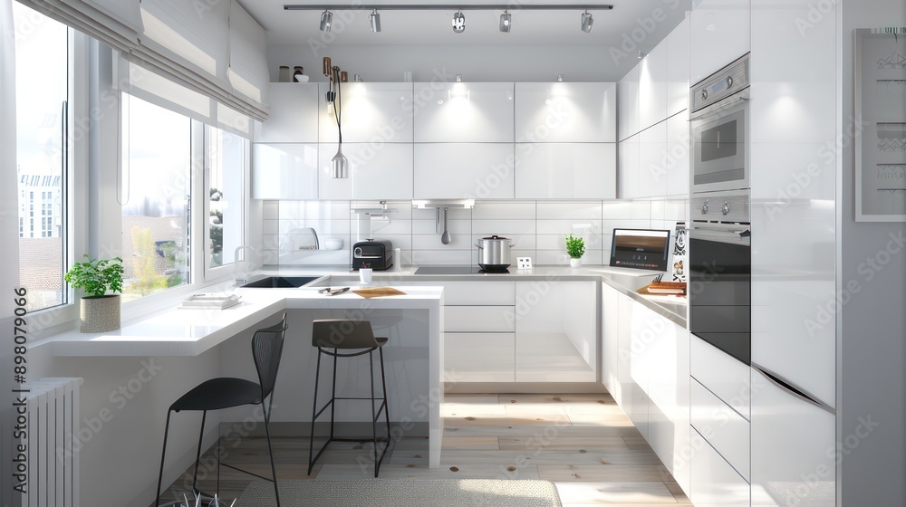 bright and modern kitchen with a section cleverly designed as a home office, featuring integrated technology and sleek surfaces bright and modern kitchen with a section cleverly designed as a home office, featuring integrated technology and sleek surfaces