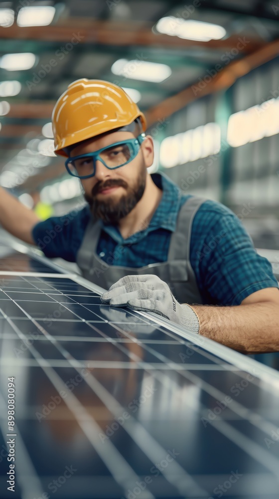 Focused worker inspecting solar panel in modern factory, showcasing commitment to renewable energy and sustainable technology. Focused worker inspecting solar panel in modern factory, showcasing commitment to renewable energy and sustainable technology.