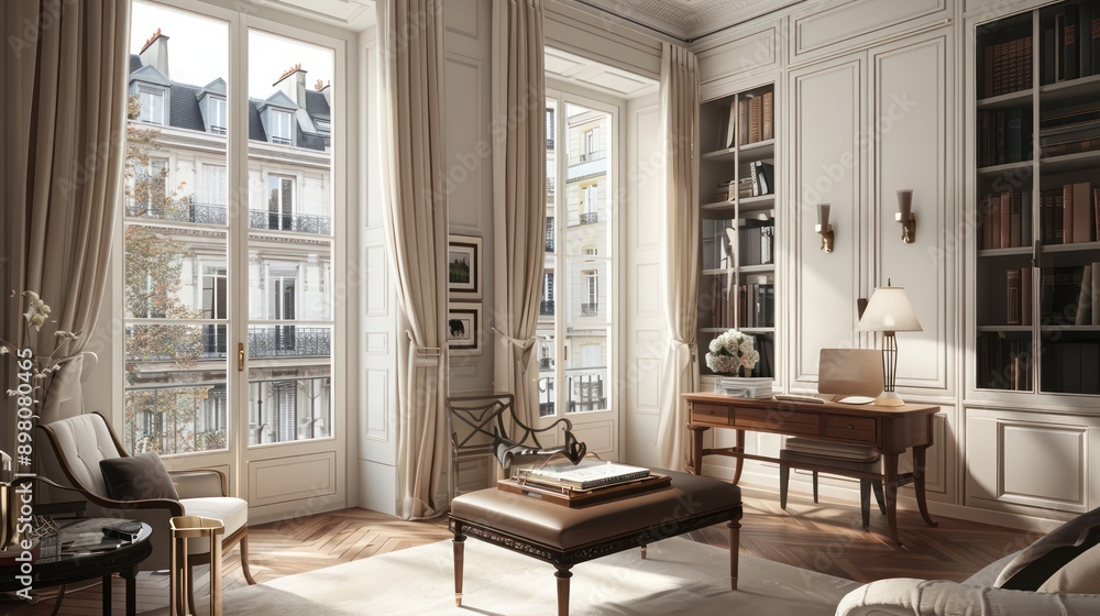 chic Parisian apartment with a bespoke home office nook, featuring elegant furniture and classic French windows chic Parisian apartment with a bespoke home office nook, featuring elegant furniture and classic French windows