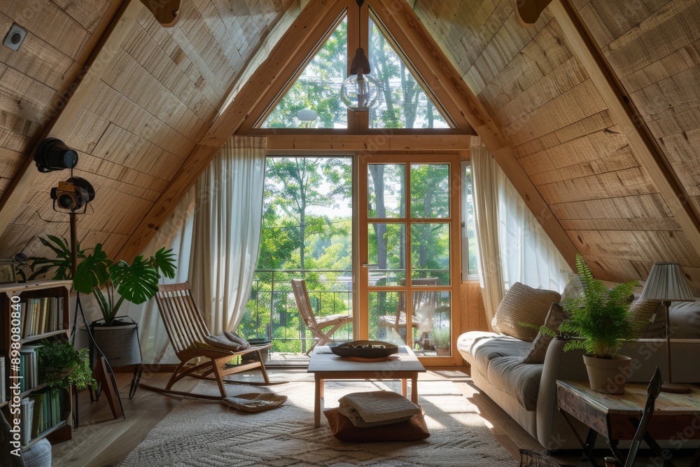 Interior of a cozy living room with wooden walls and a large window overlooking the garden Interior of a cozy living room with wooden walls and a large window overlooking the garden
