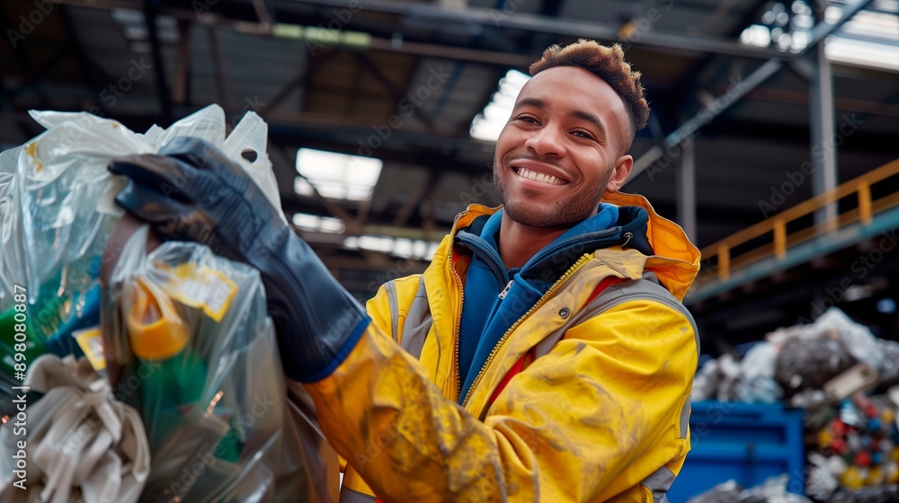 Close-up of African American technician inspecting recyclables, focusing on quality control and promoting sustainability. Close-up of African American technician inspecting recyclables, focusing on quality control and promoting sustainability.