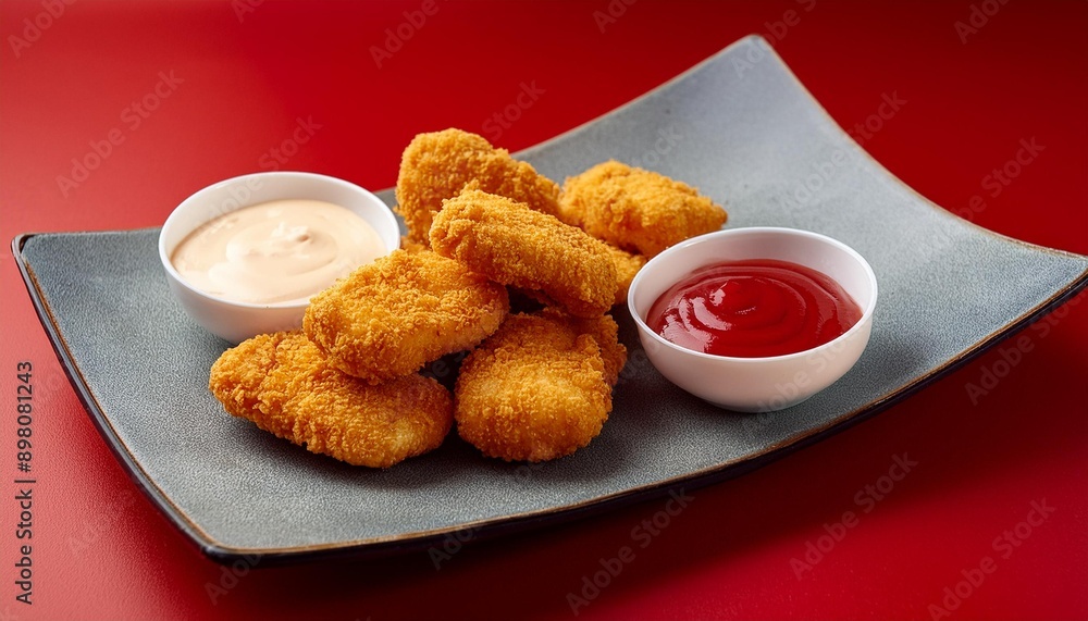 Fotografie Spicy fried crispy chicken nuggets on red background