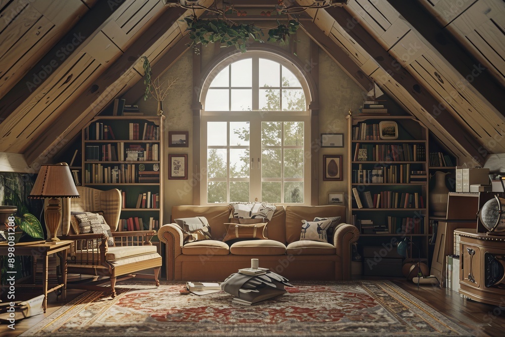Interior of an attic living room with a large window and a fireplace Interior of an attic living room with a large window and a fireplace