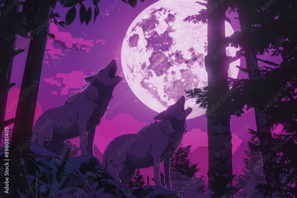 Wolves howling at the moon, cozy vibe, Generative AI Wolves howling at the moon, cozy vibe, Generative AI