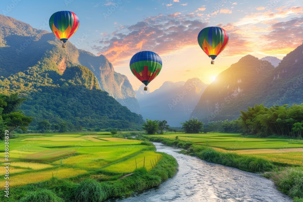 Naklejka premium Colorful hot air balloons soar over picturesque mountains and lush meadows at sunset