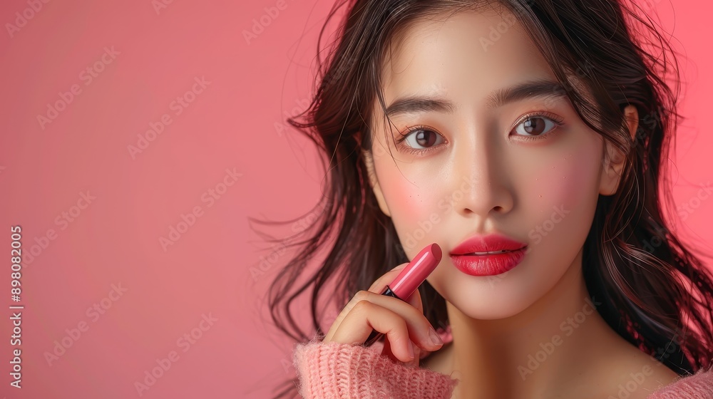 Close-up of sexy young woman model with glamour pink lips, woman putting lipstick on her lips,girl applying make up for a beautiful woman in studio,Perfect skin. Close-up of sexy young woman model with glamour pink lips, woman putting lipstick on her lips,girl applying make up for a beautiful woman in studio,Perfect skin.