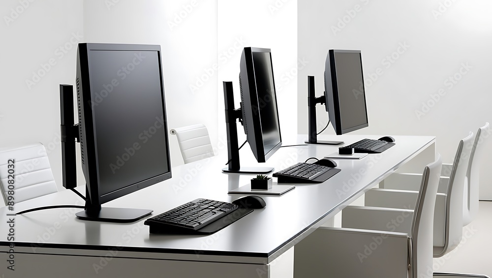 Clean, Modern Workspace Featuring Multiple Monitors on a Sleek Desk
Clean, Modern Workspace Featuring Multiple Monitors on a Sleek Desk