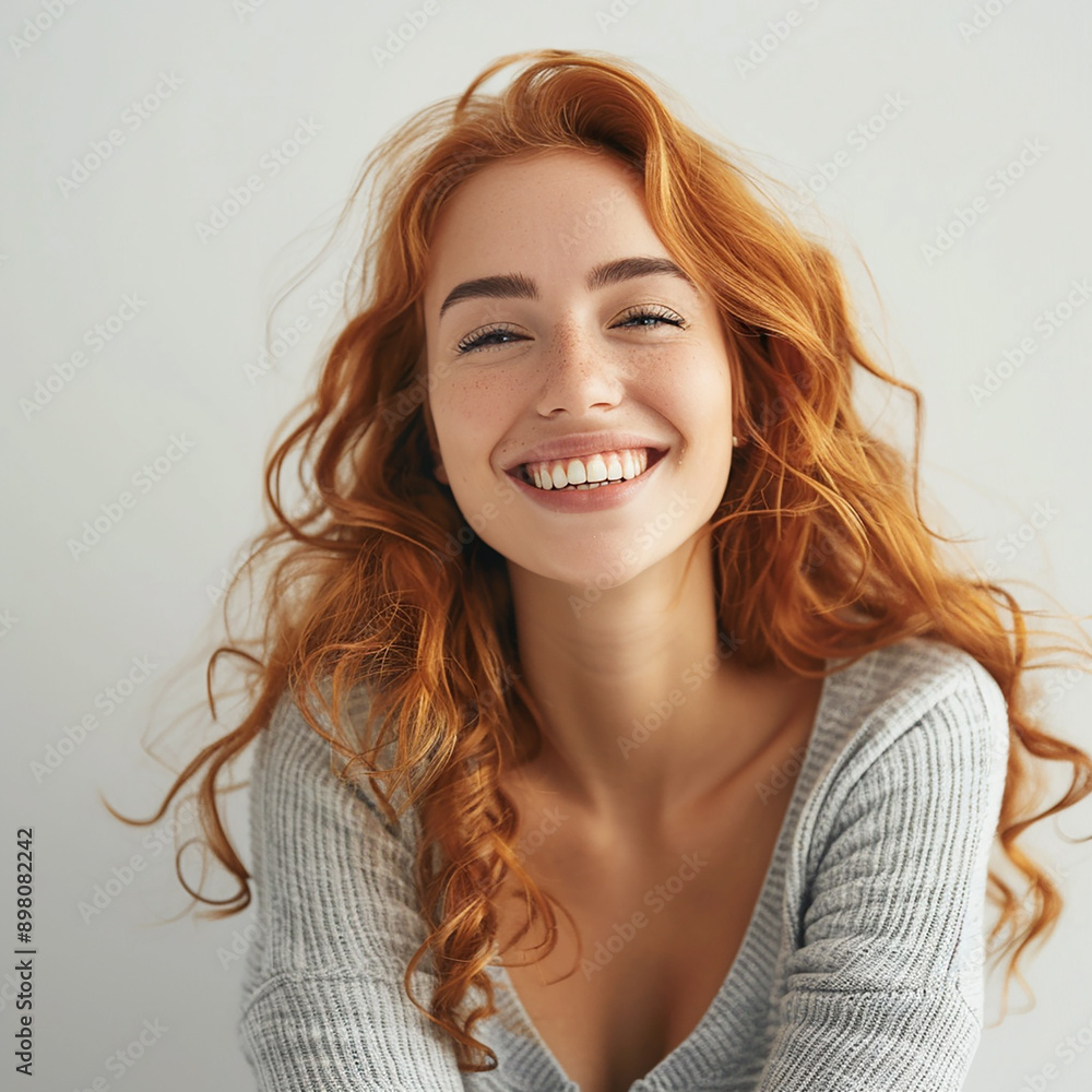 Φωτογραφία A portrait of a smiling red-haired woman with a light background, highlighting happiness and natural beauty