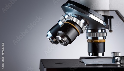 Close-up view of a microscope showcasing its detailed components and lenses, perfect for science and research-related projects.