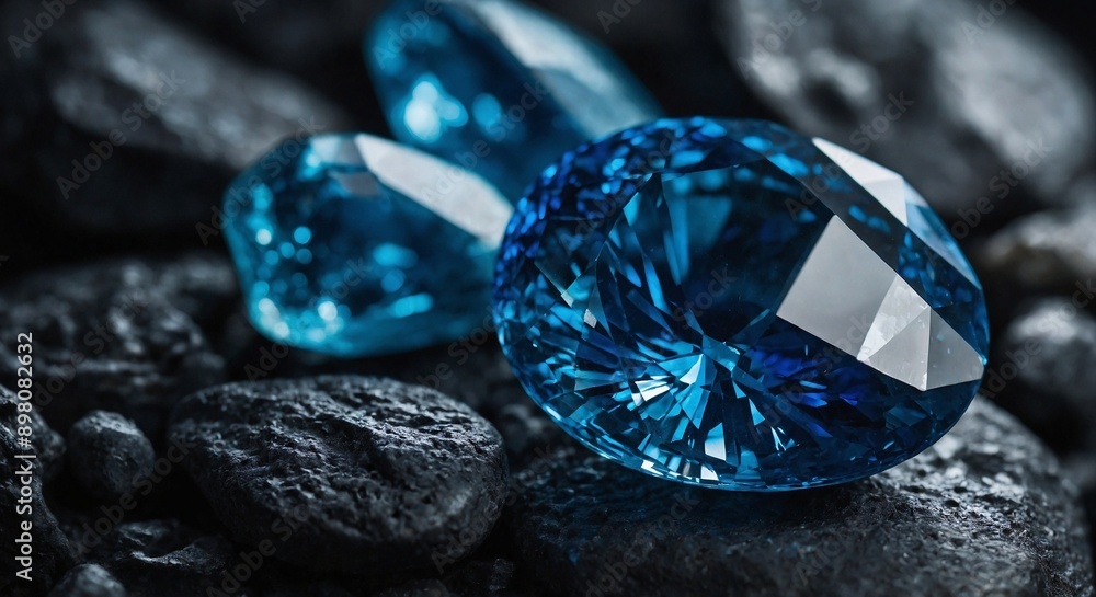 Fototapeta premium Natural blue sapphire on a blue-black background 