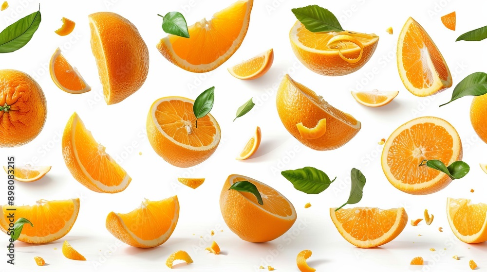 Fresh Sliced orange fruit and green leaf flying in the air isolated on white background,Summer fresh citrus fruits as design element for advertising, card, poster,Flat lay. Fresh Sliced orange fruit and green leaf flying in the air isolated on white background,Summer fresh citrus fruits as design element for advertising, card, poster,Flat lay.