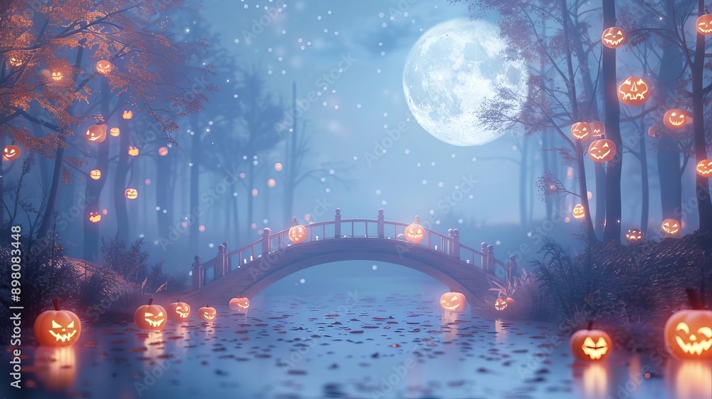 Obraz premium Full moon, foggy night, spooky bridge, glowing pumpkins, Watercolor style
