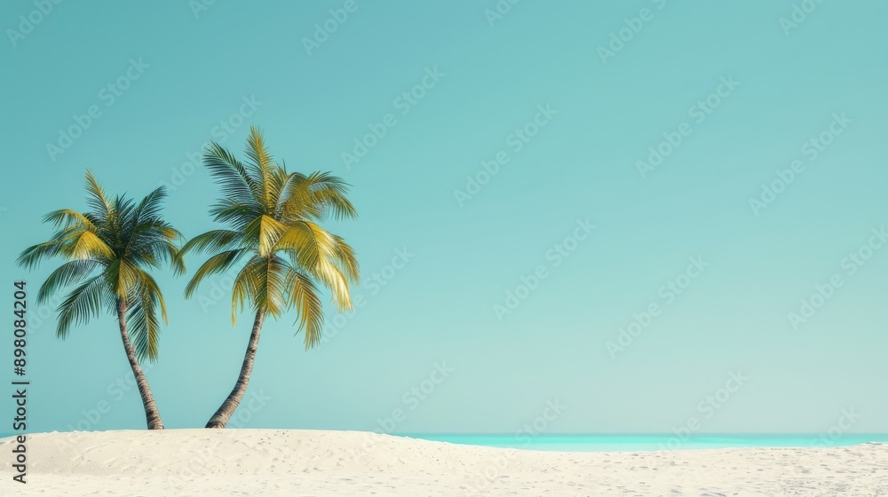 Fototapeta premium Minimalist summer concept featuring coconut trees on beach sand against a blue backdrop. Creative artwork in contemporary style, ideal for banners with ample writing and copy space.
