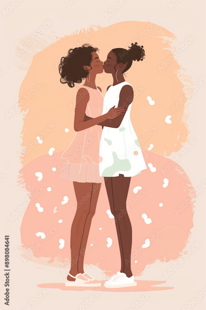Φωτογραφία full body illustration of two lesbian women kissing romantically, dark skin beautiful girls, LGBT pride