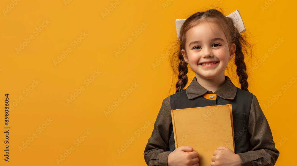 Obraz premium Young Girl in School Uniform Holding a Book and Smiling, Set Against a Yellow Background for Childhood Education and Stud