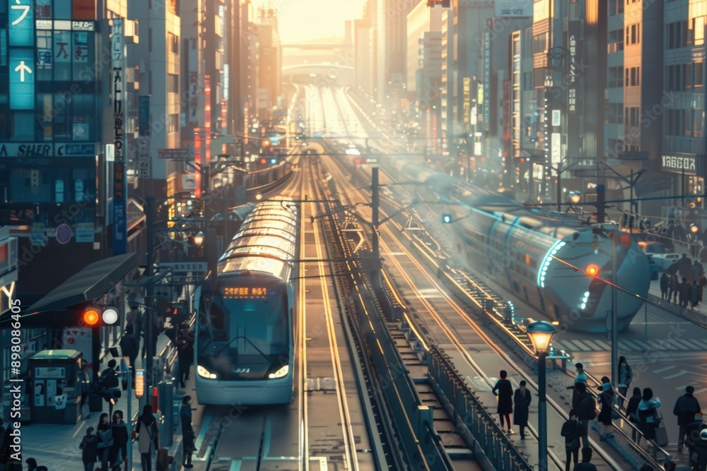 A bustling urban scene featuring futuristic public transportation systems like autonomous high-speed trains A bustling urban scene featuring futuristic public transportation systems like autonomous high-speed trains