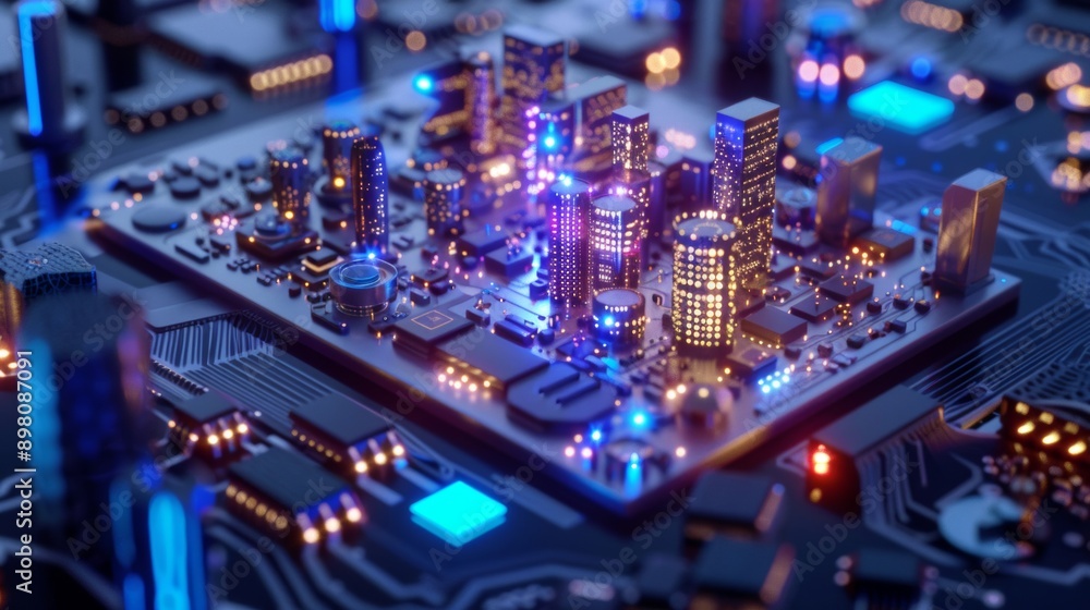 Inside a microchip, nano-cities and tiny robots at work depict a miniaturized world, illustrating advanced nanotechnology and microengineering. Inside a microchip, nano-cities and tiny robots at work depict a miniaturized world, illustrating advanced nanotechnology and microengineering.