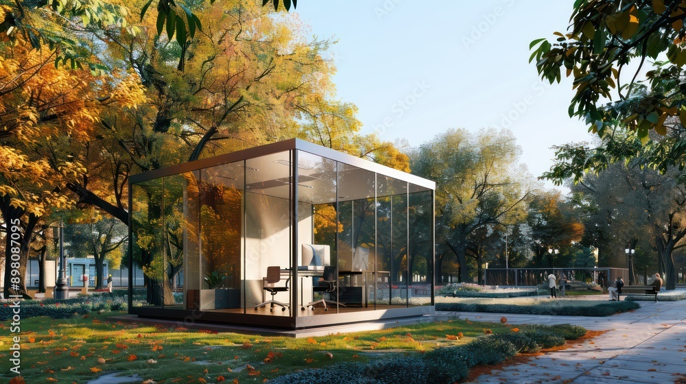 contemporary glass cube office positioned in a quiet corner of a bustling public park, merging nature with modern design contemporary glass cube office positioned in a quiet corner of a bustling public park, merging nature with modern design