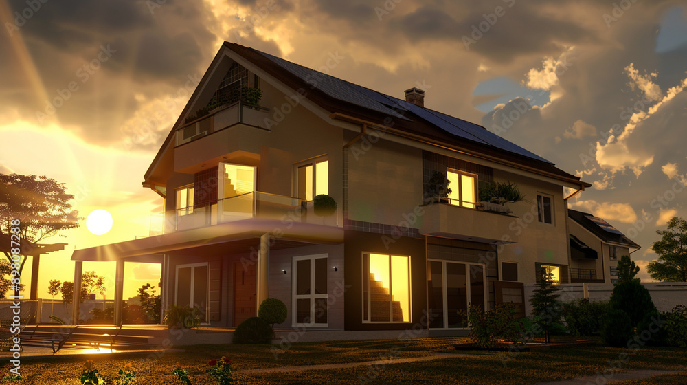 A modern house equipped with solar panels on the roof, showcasing sustainable living and renewable energy integration in residential architecture. A modern house equipped with solar panels on the roof, showcasing sustainable living and renewable energy integration in residential architecture.