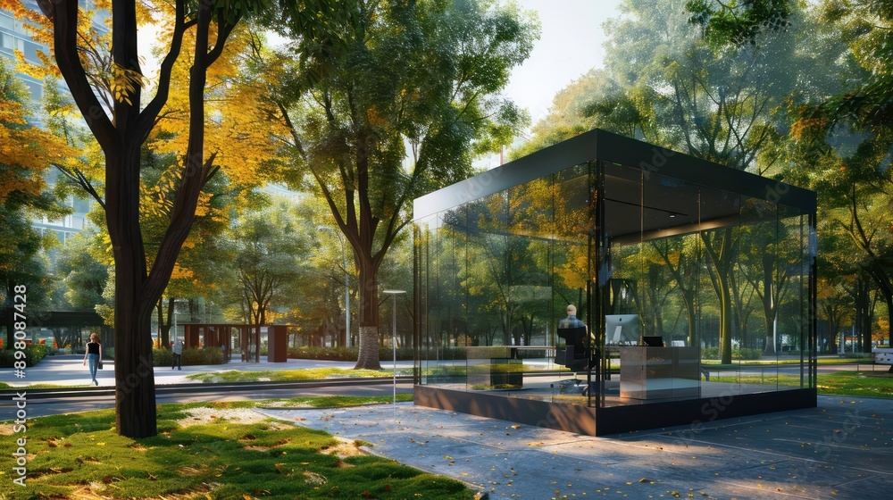 contemporary glass cube office positioned in a quiet corner of a bustling public park, merging nature with modern design contemporary glass cube office positioned in a quiet corner of a bustling public park, merging nature with modern design