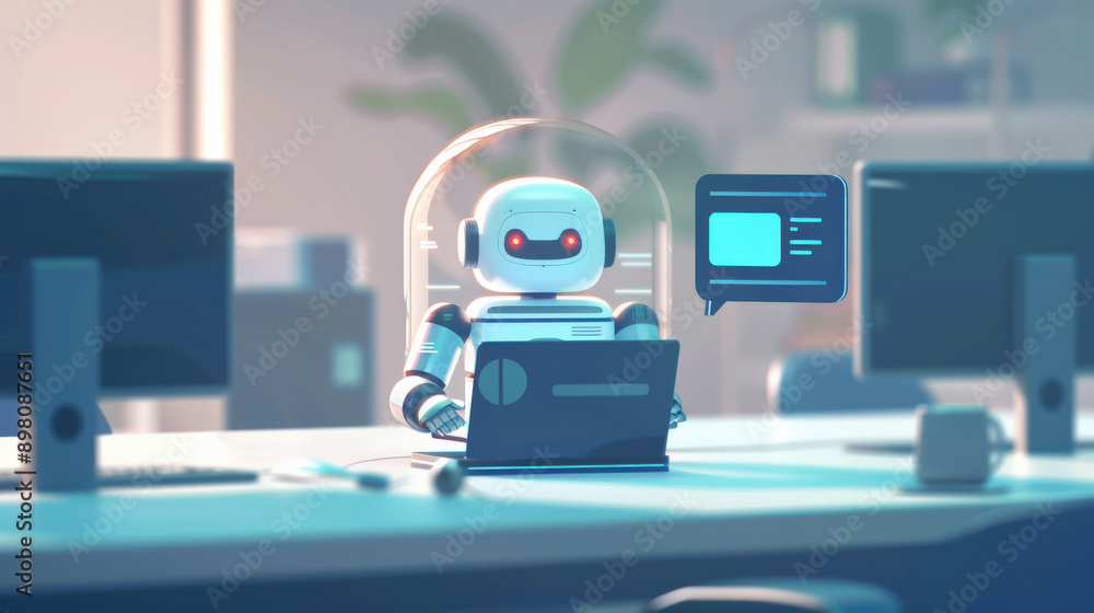 Robot Working at the Office Desk in the Morning Robot Working at the Office Desk in the Morning