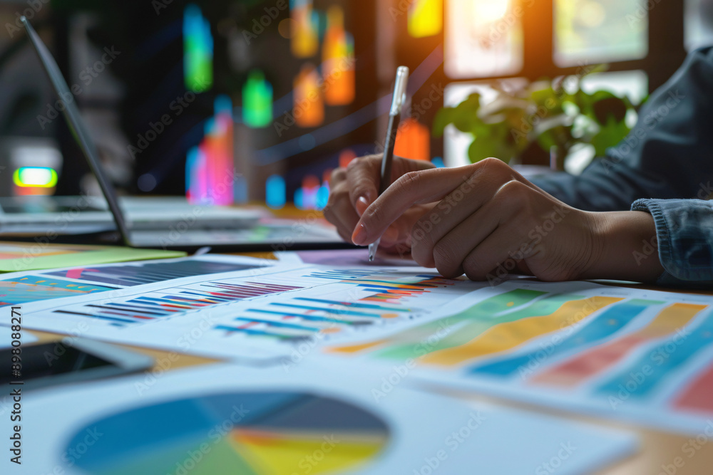Hands analyzing financial charts and graphs spread across a desk, symbolizing business performance and growth analysis Hands analyzing financial charts and graphs spread across a desk, symbolizing business performance and growth analysis