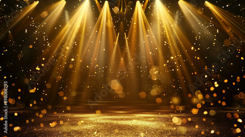 Stage opening golden stage glitter with spotlights and luxury gold light streak. Particle luxury for ceremony background photo