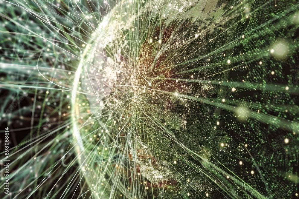 A global network visualization, with bright lines and nodes representing digital connections, spanning a spherical surface. A global network visualization, with bright lines and nodes representing digital connections, spanning a spherical surface.