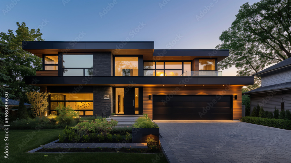 Exterior front facade new modern home exterior with garage door, residential architecture Exterior front facade new modern home exterior with garage door, residential architecture