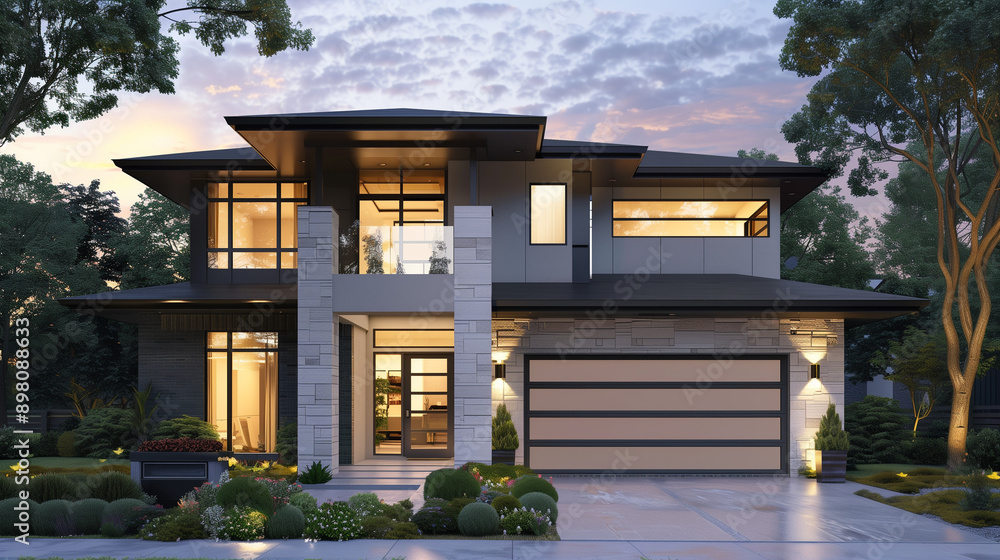 Exterior front facade new modern home exterior with garage door, residential architecture Exterior front facade new modern home exterior with garage door, residential architecture