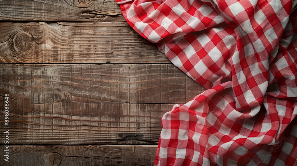 Obraz premium Top view of red checkered tablecloth on blank empty wooden table background, food concept