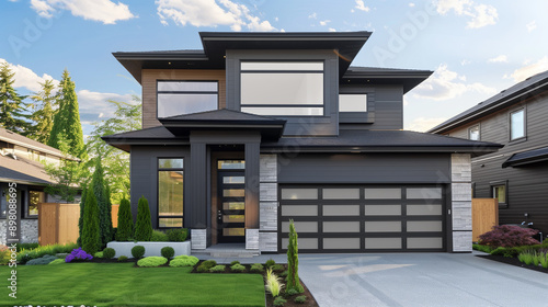Exterior front facade new modern home exterior with garage door  residential architecture