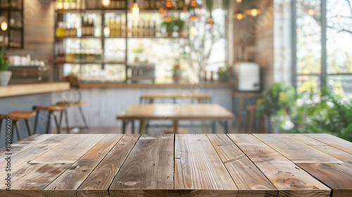 Abstract empty wooden desk table with copy space over interior modern room with blurred background, display for product montage, Generative Ai