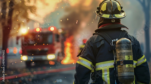 A male firefighter in gear against the background of a fire truck and a fire