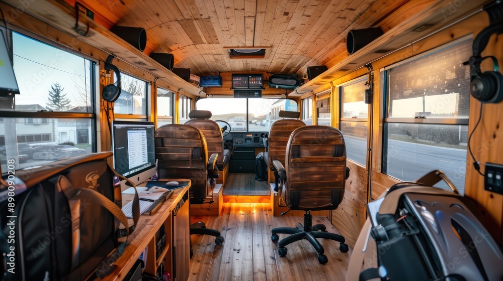 converted old school bus outfitted as a mobile office, with vintage seats, wooden paneling, and all essential tech gear converted old school bus outfitted as a mobile office, with vintage seats, wooden paneling, and all essential tech gear