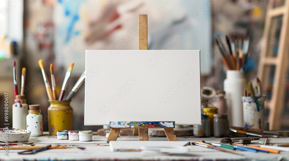 Blank white canvas on tabletop with blurred art supplies background ideal for showcasing art or craft products