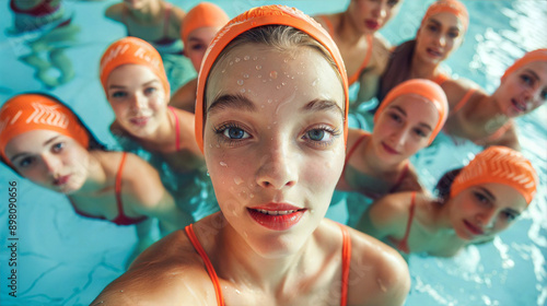 A group of young women in orange swim caps practice synchronized swimming in a pool