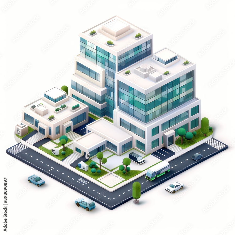 Modern Isometric Office Complex with Detailed Features on White Background - Vector Illustration, Generative Ai Modern Isometric Office Complex with Detailed Features on White Background - Vector Illustration, Generative Ai