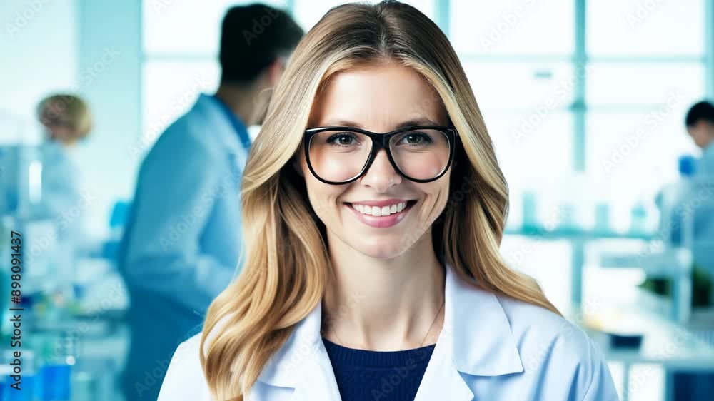 Smiling female scientist in lab for medical research, proud of career growth Smiling female scientist in lab for medical research, proud of career growth