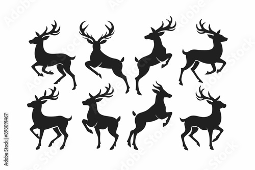 Deer silhouettes set vector illustration, black deer silhouette icon bundle

