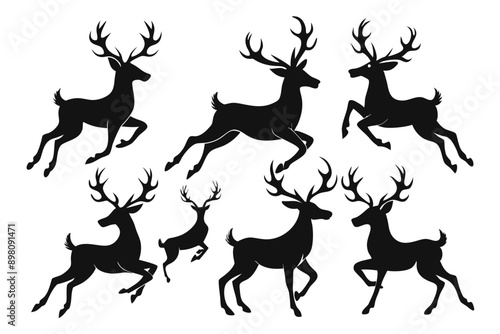 Deer silhouettes set vector illustration, black deer silhouette icon bundle

