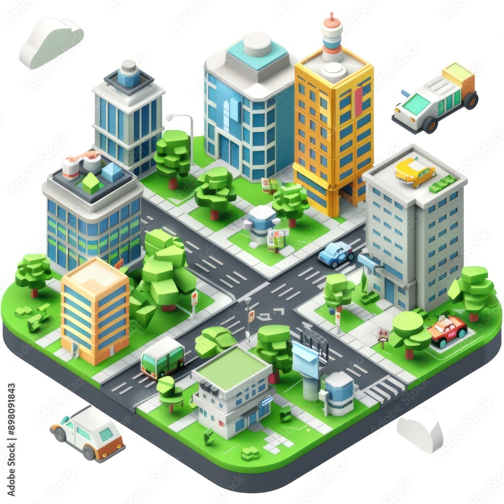 Futuristic Isometric City Layout with Ultrahigh Detail Featuring Cars and Roads on a White Background - Vector Illustration, Generative Ai Futuristic Isometric City Layout with Ultrahigh Detail Featuring Cars and Roads on a White Background - Vector Illustration, Generative Ai