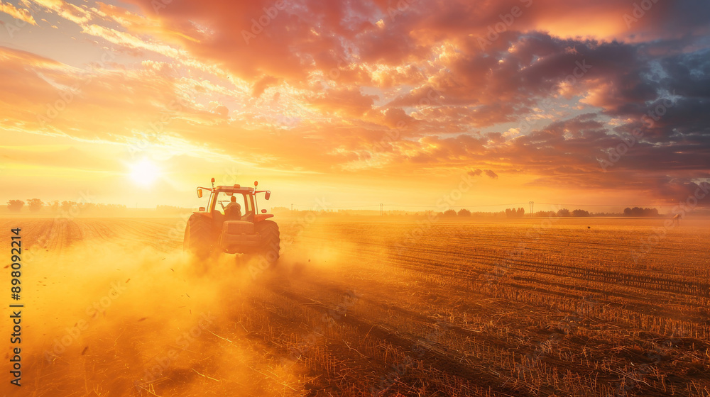 A farmer drives a tractor across a field as the sun sets. A farmer drives a tractor across a field as the sun sets.