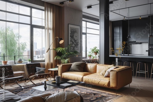 Interior of modern living room with gray walls, wooden floor, beige sofa standing near coffee table and armchairs.