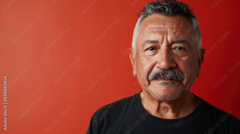 Expressive Portrait of an Elderly Man with Gray Hair and Mustache on Red Background - High-Resolution Image Expressive Portrait of an Elderly Man with Gray Hair and Mustache on Red Background - High-Resolution Image
