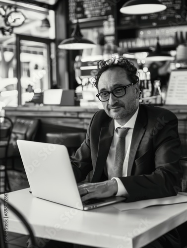 Businessman sitting at table, working on laptop. He is dressed in a suit with glasses and has short graying hair.