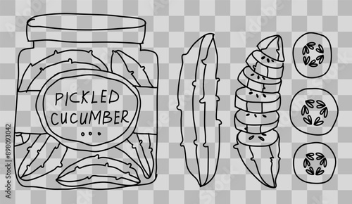 Pickled cucumbers in a jar with a label. A whole cucumber. Cucumber slices. Linear style, hand drawing