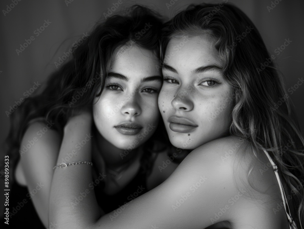 Two young women sharing a warm embrace, captured in a professional fashion portrait. Both are smiling, showcasing their confidence and friendly bond. Two young women sharing a warm embrace, captured in a professional fashion portrait. Both are smiling, showcasing their confidence and friendly bond.