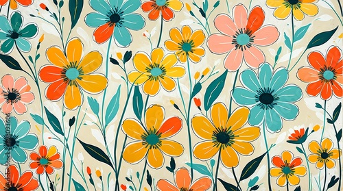 Wallpaper Mural Illustration of a pattern featuring stylized flowers with minimalist, clean lines. Abstract Expressionism Style. Background. 6 Torontodigital.ca