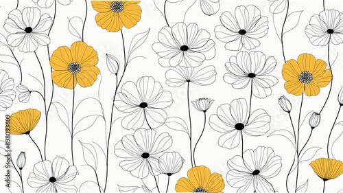 Illustration of a pattern featuring stylized flowers with minimalist, clean lines. One Line Art Style. Background. 2 © SpacePhotos